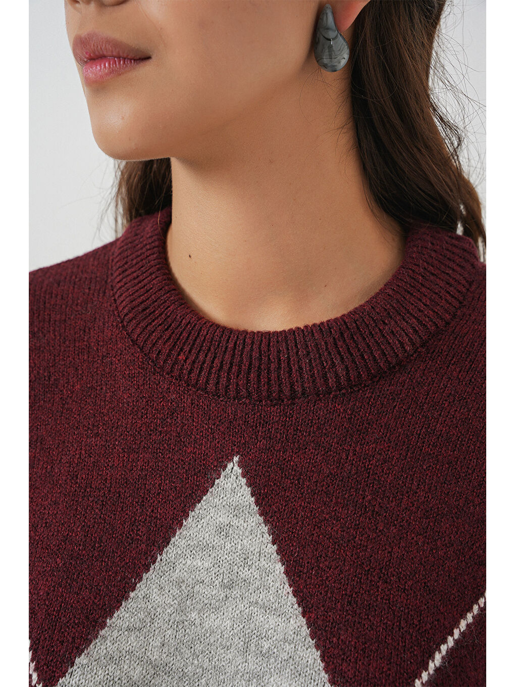 15895 Baklava Desenli Oversize Triko Kazak - Y.Bordo-4