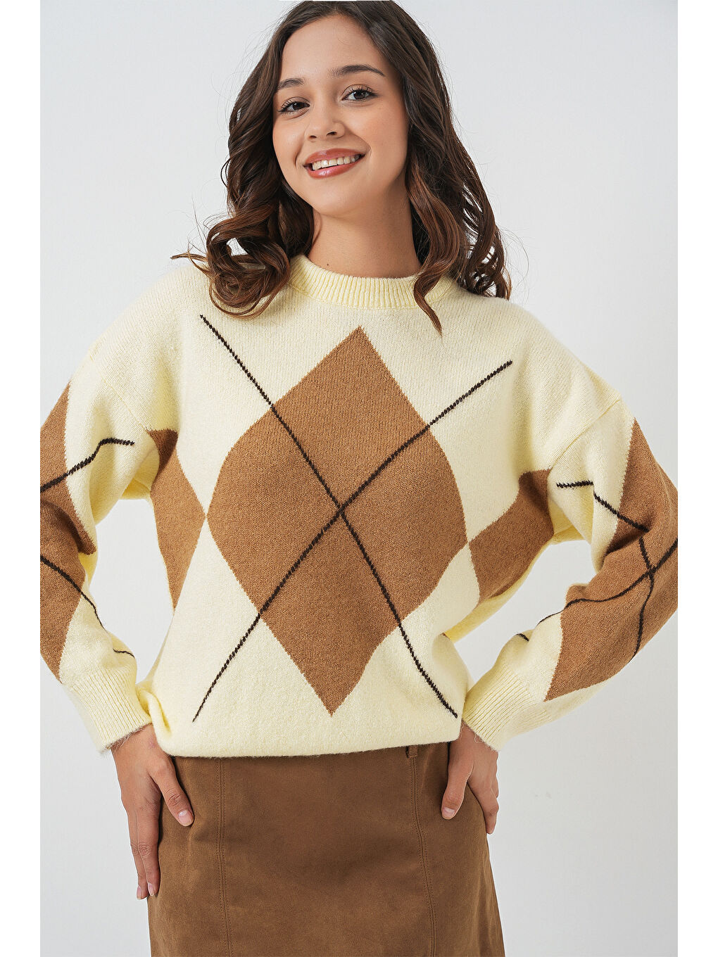 15895 Baklava Desenli Oversize Triko Kazak - Y.Sarı