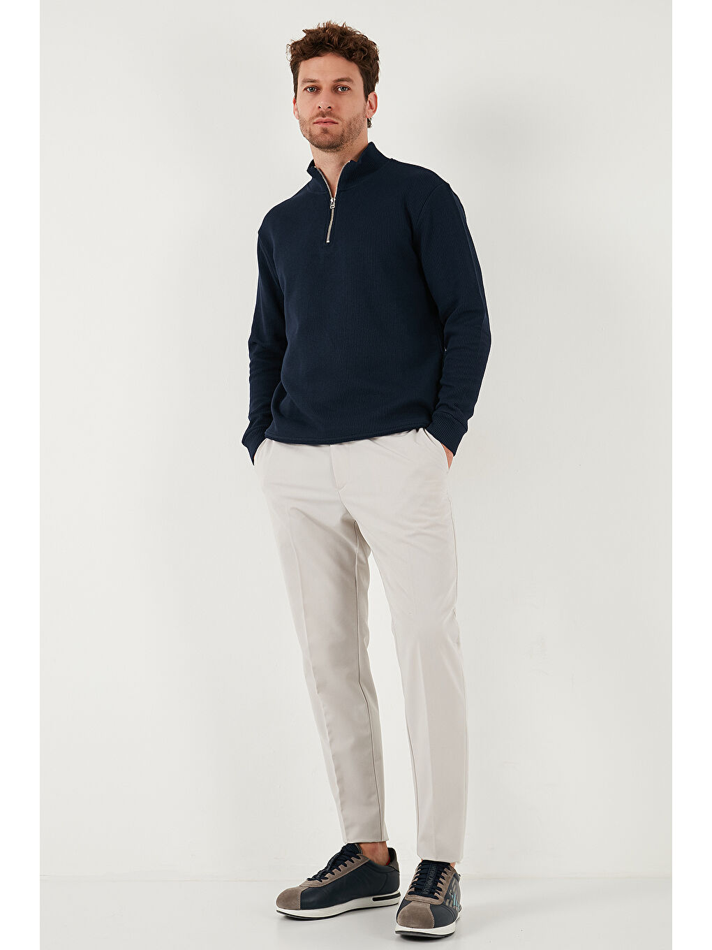 Lacivert Pamuklu Relaxed Fit Yarım Fermuarlı Sıfır Yaka Örme Sweat 5901076-1