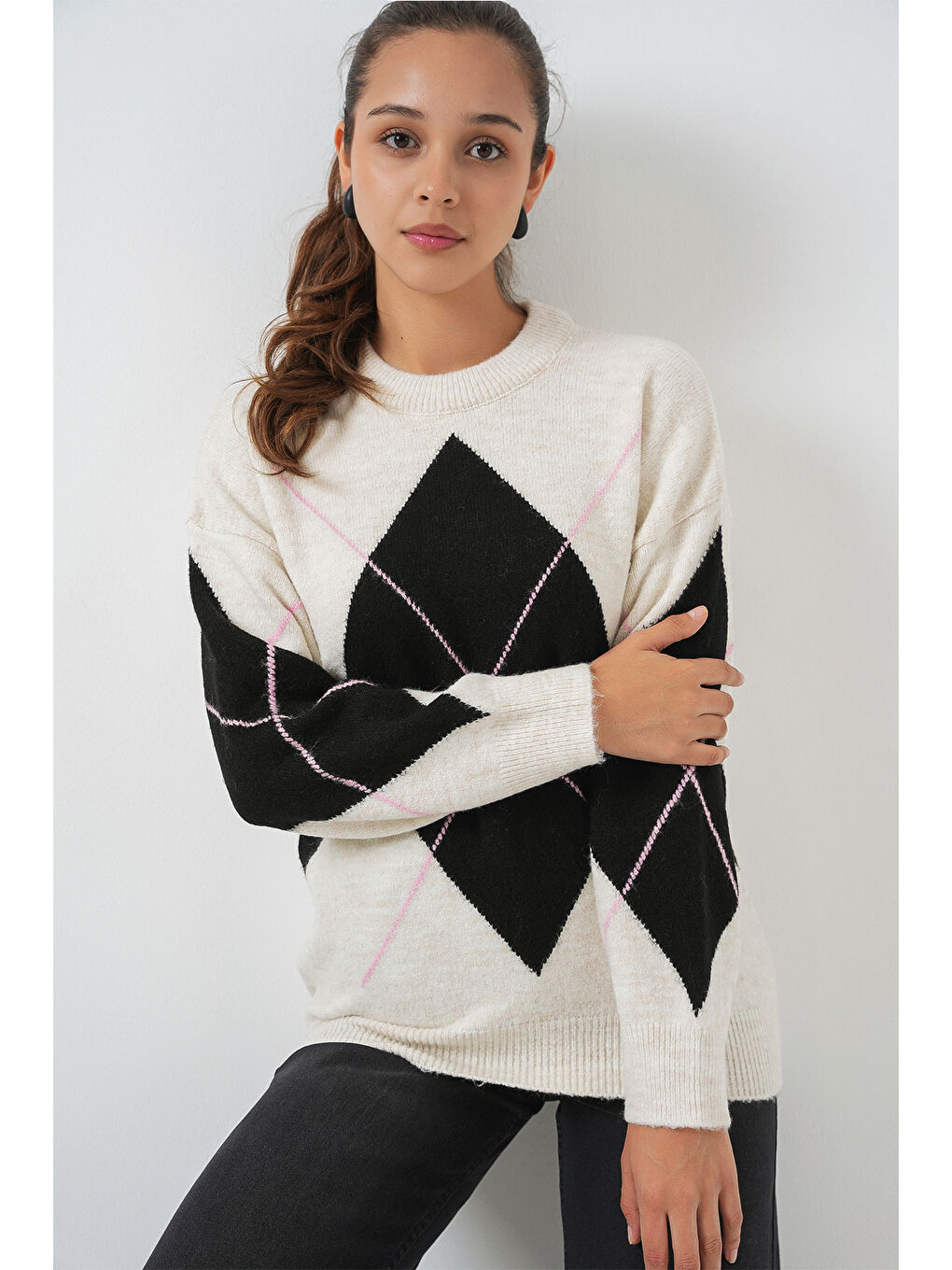 15895 Baklava Desenli Oversize Triko Kazak - T. Ekru-2