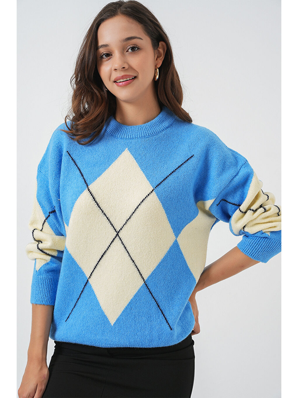 15895 Baklava Desenli Oversize Triko Kazak - Mavi-3