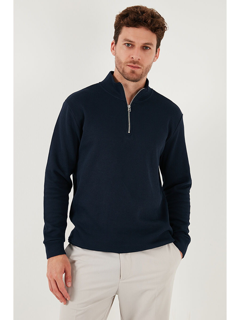 Lacivert Pamuklu Relaxed Fit Yarım Fermuarlı Sıfır Yaka Örme Sweat 5901076-2