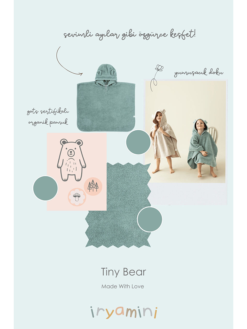 Yeşil Tiny Bear Organik Pamuk Çocuk Panço Mint-3