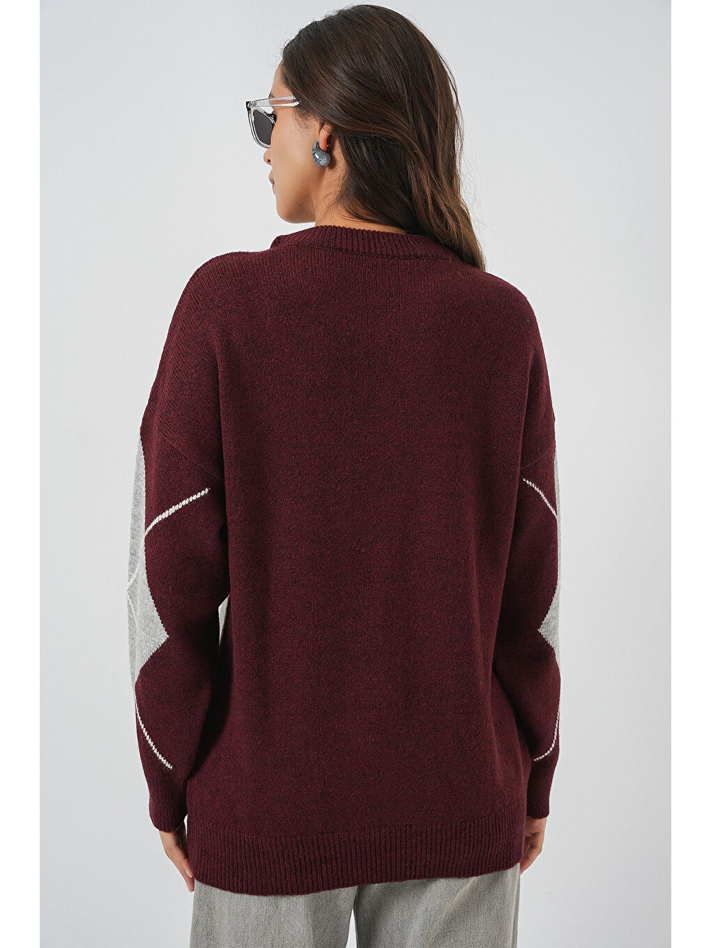 15895 Baklava Desenli Oversize Triko Kazak - Y.Bordo-5