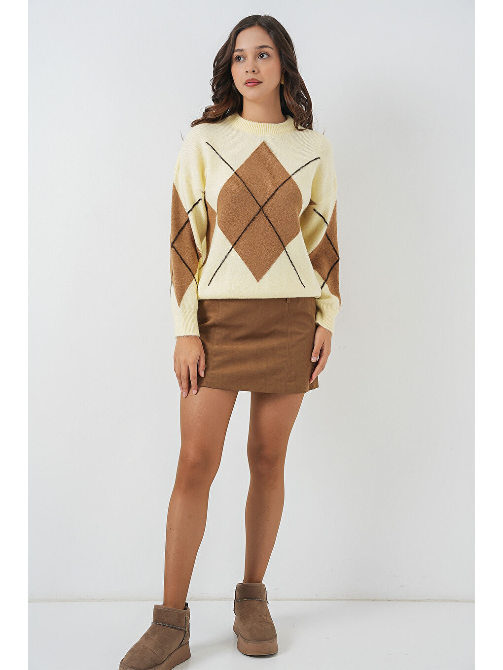 15895 Baklava Desenli Oversize Triko Kazak - Y.Sarı-1