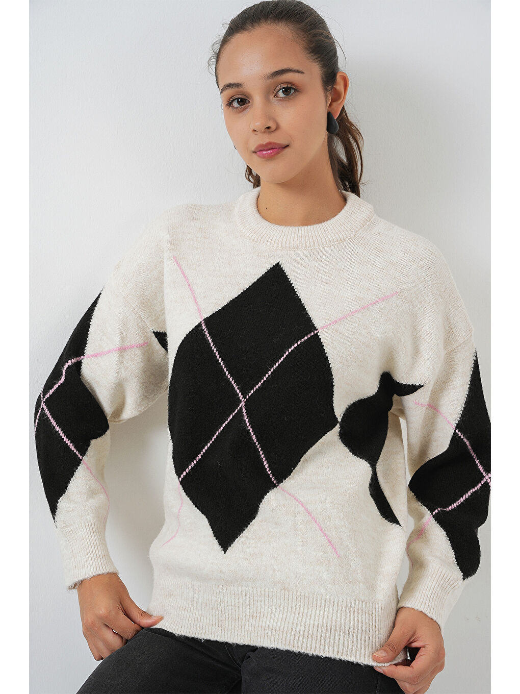 15895 Baklava Desenli Oversize Triko Kazak - T. Ekru-3