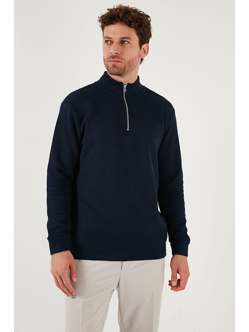 Lacivert Pamuklu Relaxed Fit Yarım Fermuarlı Sıfır Yaka Örme Sweat 5901076-3