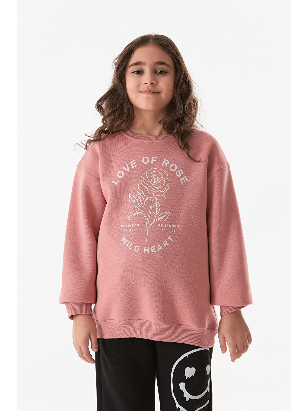 Pembe 3 İplik Yazı Baskılı Bisiklet Yaka Kız Çocuk Sweatshirt