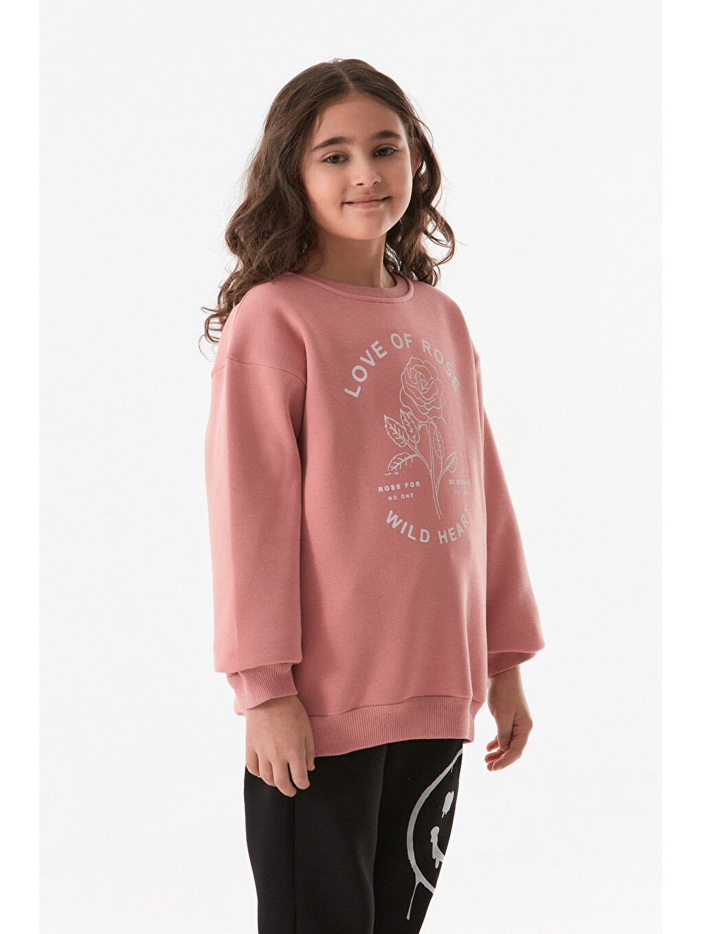Pembe 3 İplik Yazı Baskılı Bisiklet Yaka Kız Çocuk Sweatshirt-1