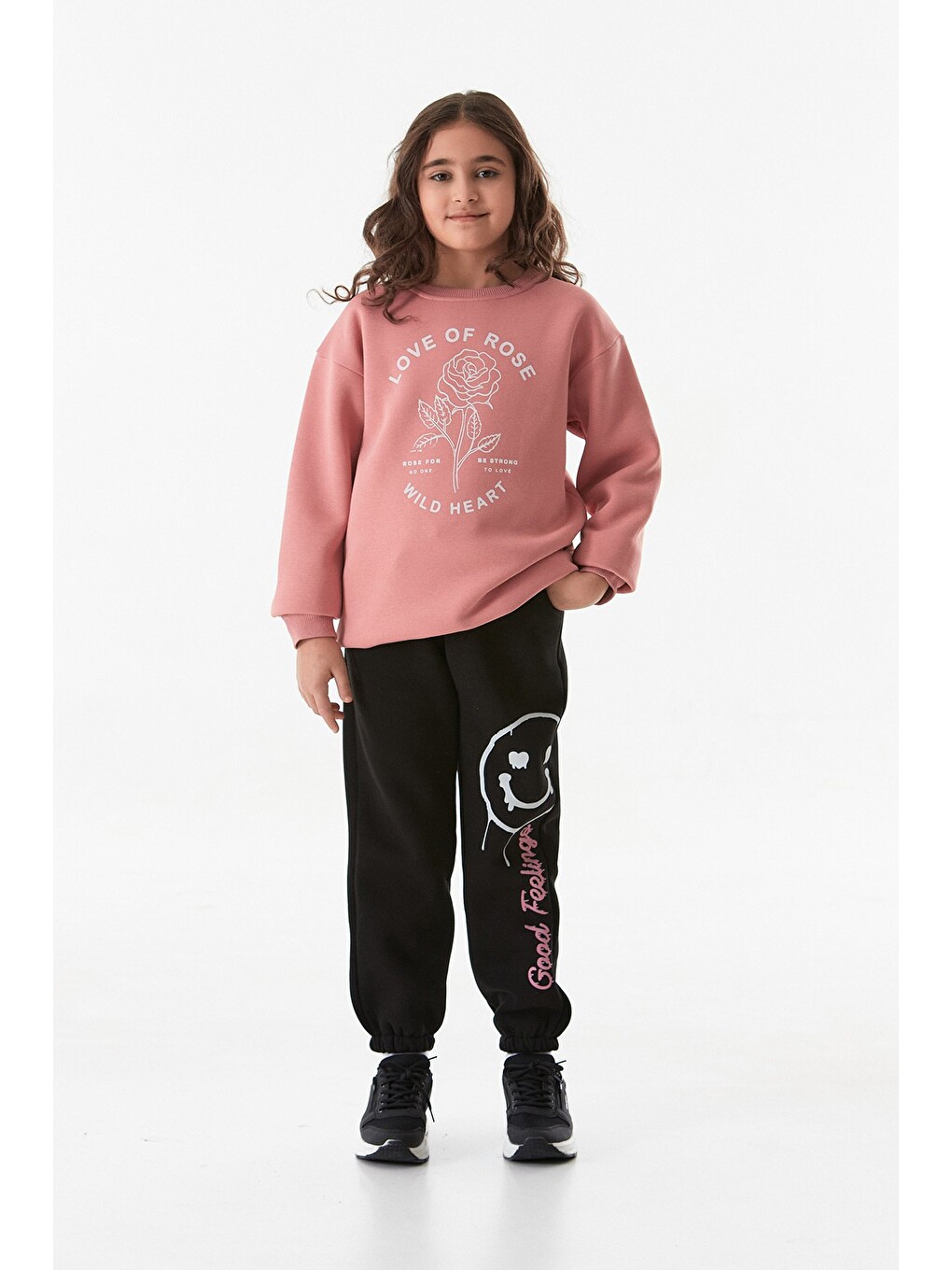Pembe 3 İplik Yazı Baskılı Bisiklet Yaka Kız Çocuk Sweatshirt-3