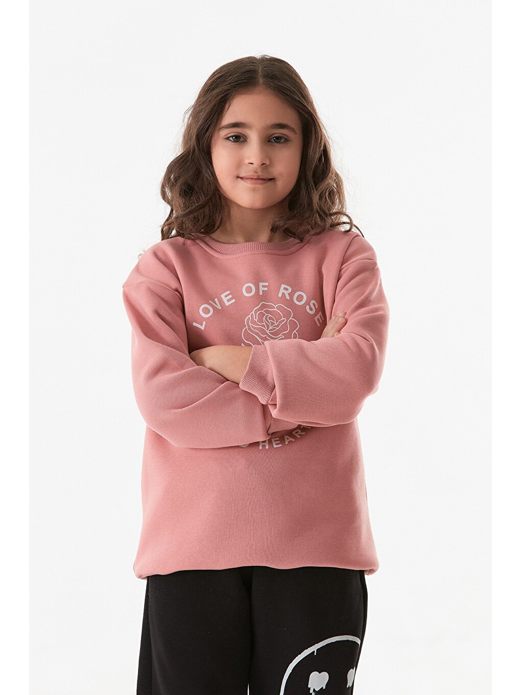 Pembe 3 İplik Yazı Baskılı Bisiklet Yaka Kız Çocuk Sweatshirt-4