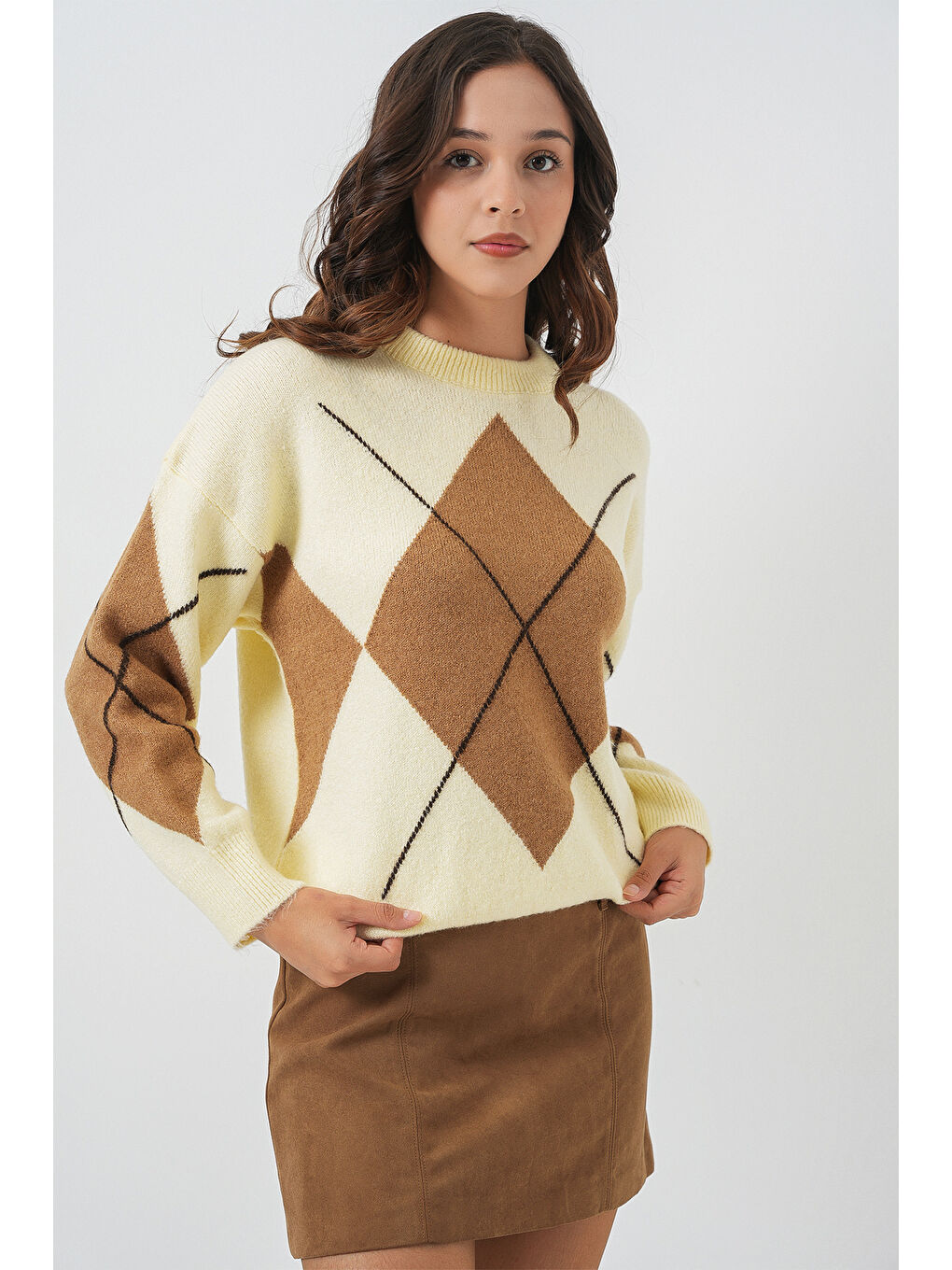 15895 Baklava Desenli Oversize Triko Kazak - Y.Sarı-2