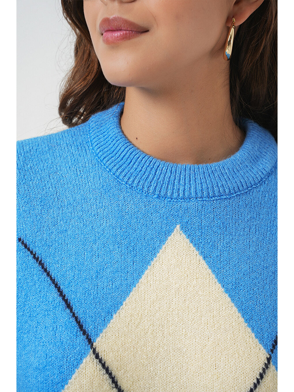 15895 Baklava Desenli Oversize Triko Kazak - Mavi-4