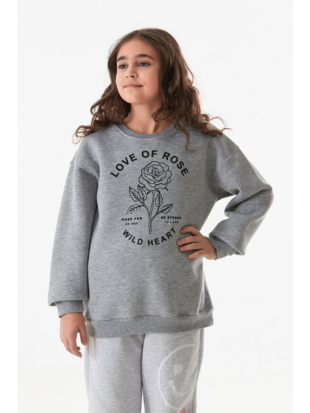 Gri 3 İplik Yazı Baskılı Bisiklet Yaka Kız Çocuk Sweatshirt-1