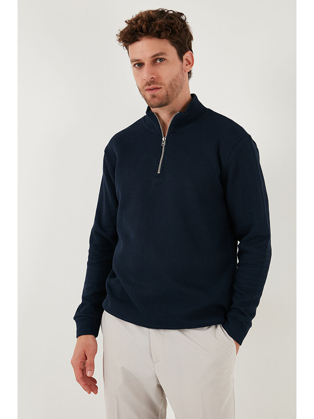 Lacivert Pamuklu Relaxed Fit Yarım Fermuarlı Sıfır Yaka Örme Sweat 5901076-4