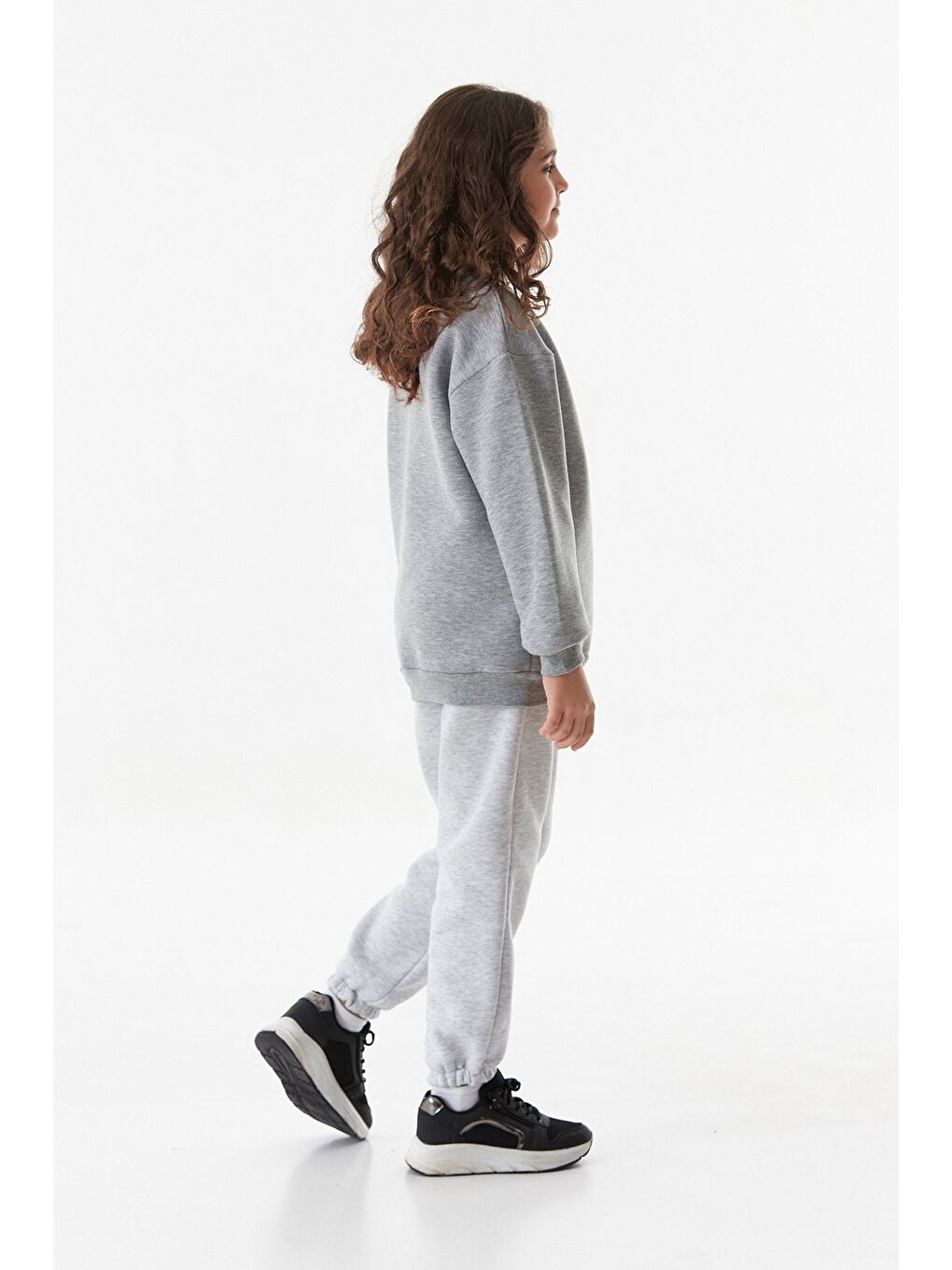 Gri 3 İplik Yazı Baskılı Bisiklet Yaka Kız Çocuk Sweatshirt-3