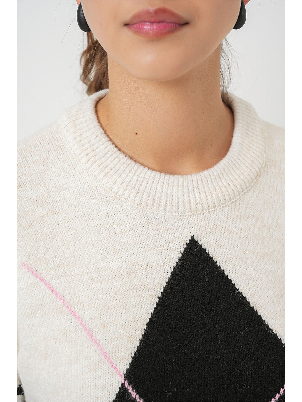 15895 Baklava Desenli Oversize Triko Kazak - T. Ekru-4