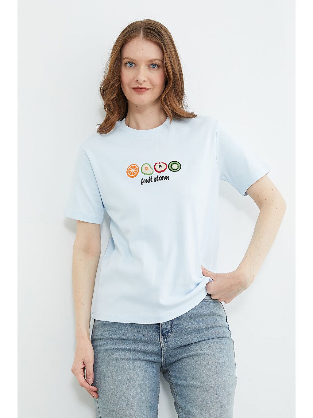 Mavi Meyve Nakışlı Bisiklet Yaka Tişört-1