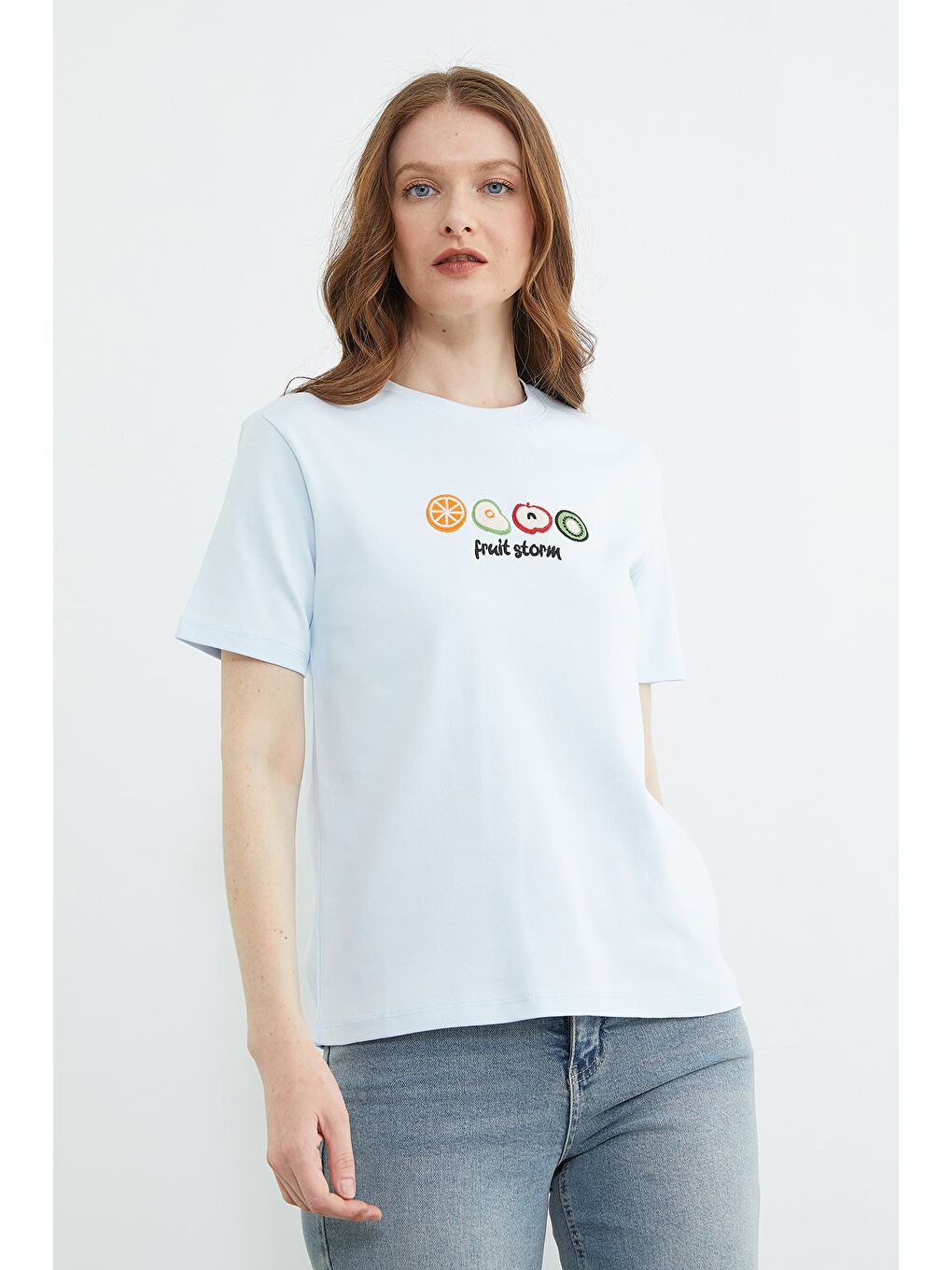 Mavi Meyve Nakışlı Bisiklet Yaka Tişört-3