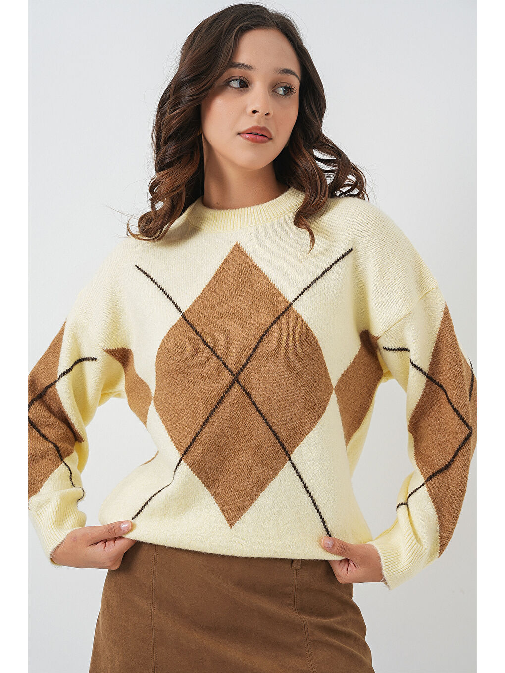 15895 Baklava Desenli Oversize Triko Kazak - Y.Sarı-3