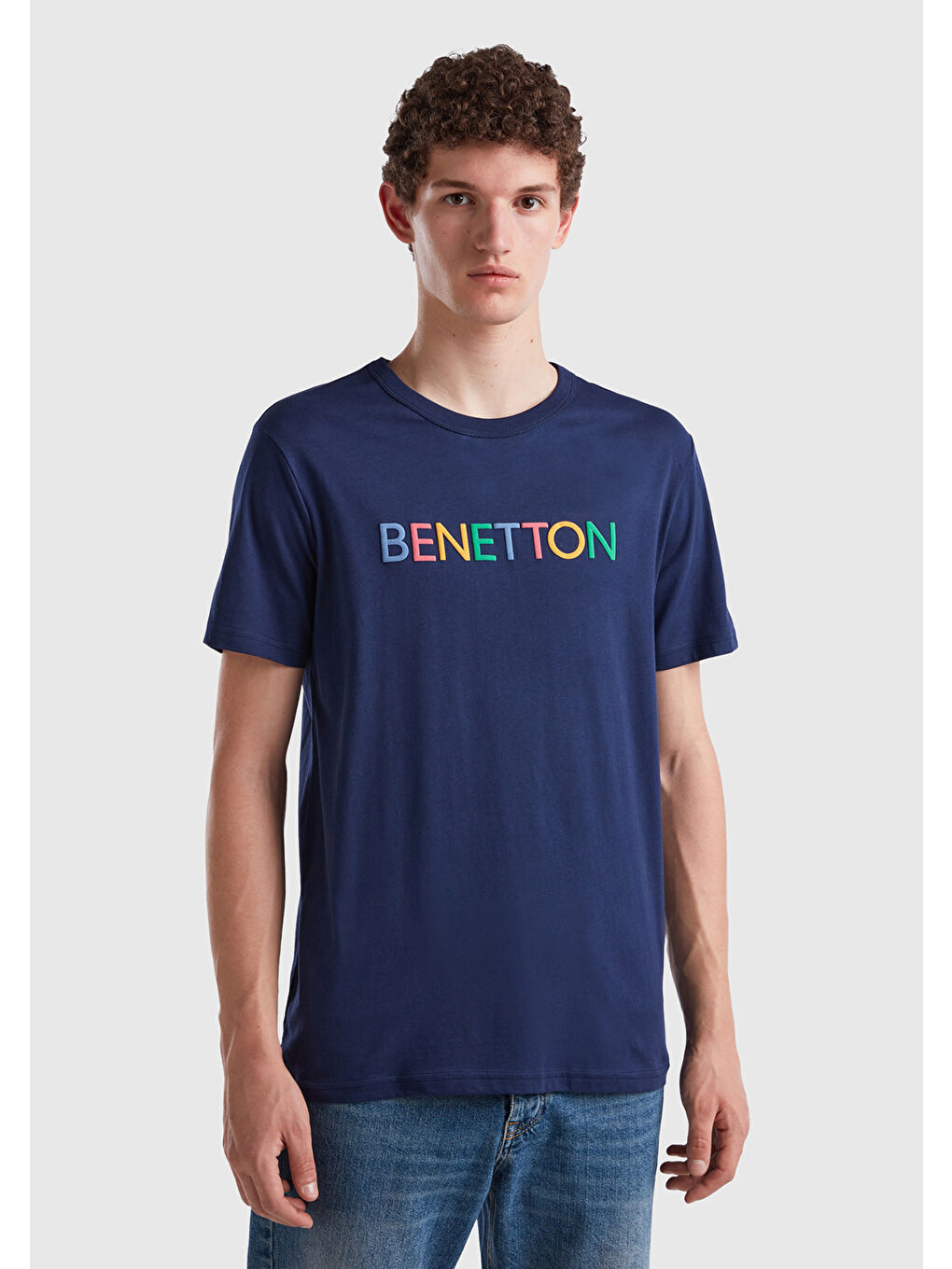 United Colors Of Benetton Erkek Lacivert Logo Baskılı Organik Pamuklu T-Shirt