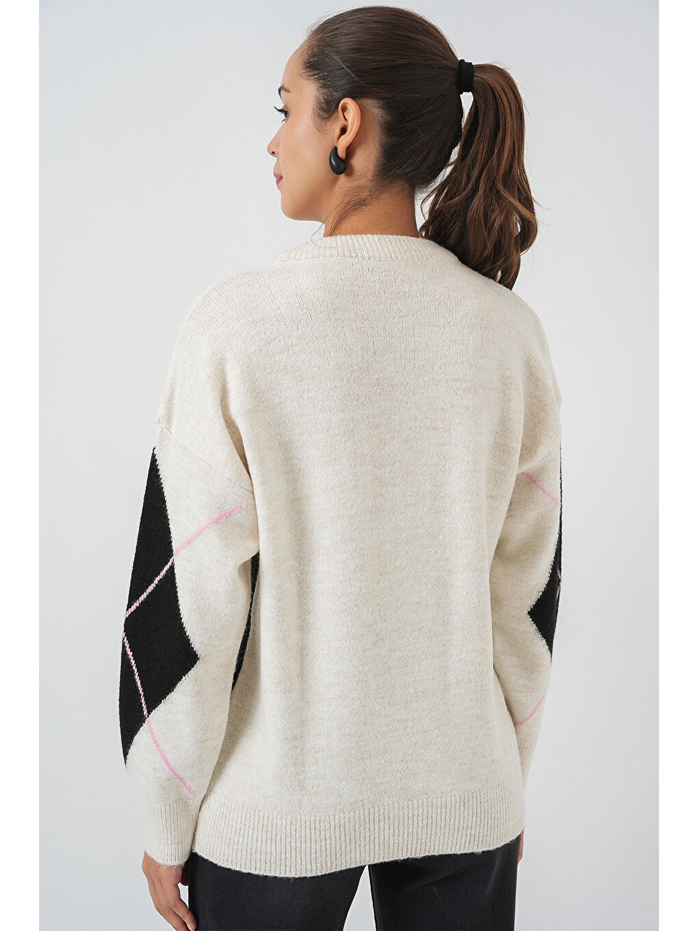 15895 Baklava Desenli Oversize Triko Kazak - T. Ekru-5