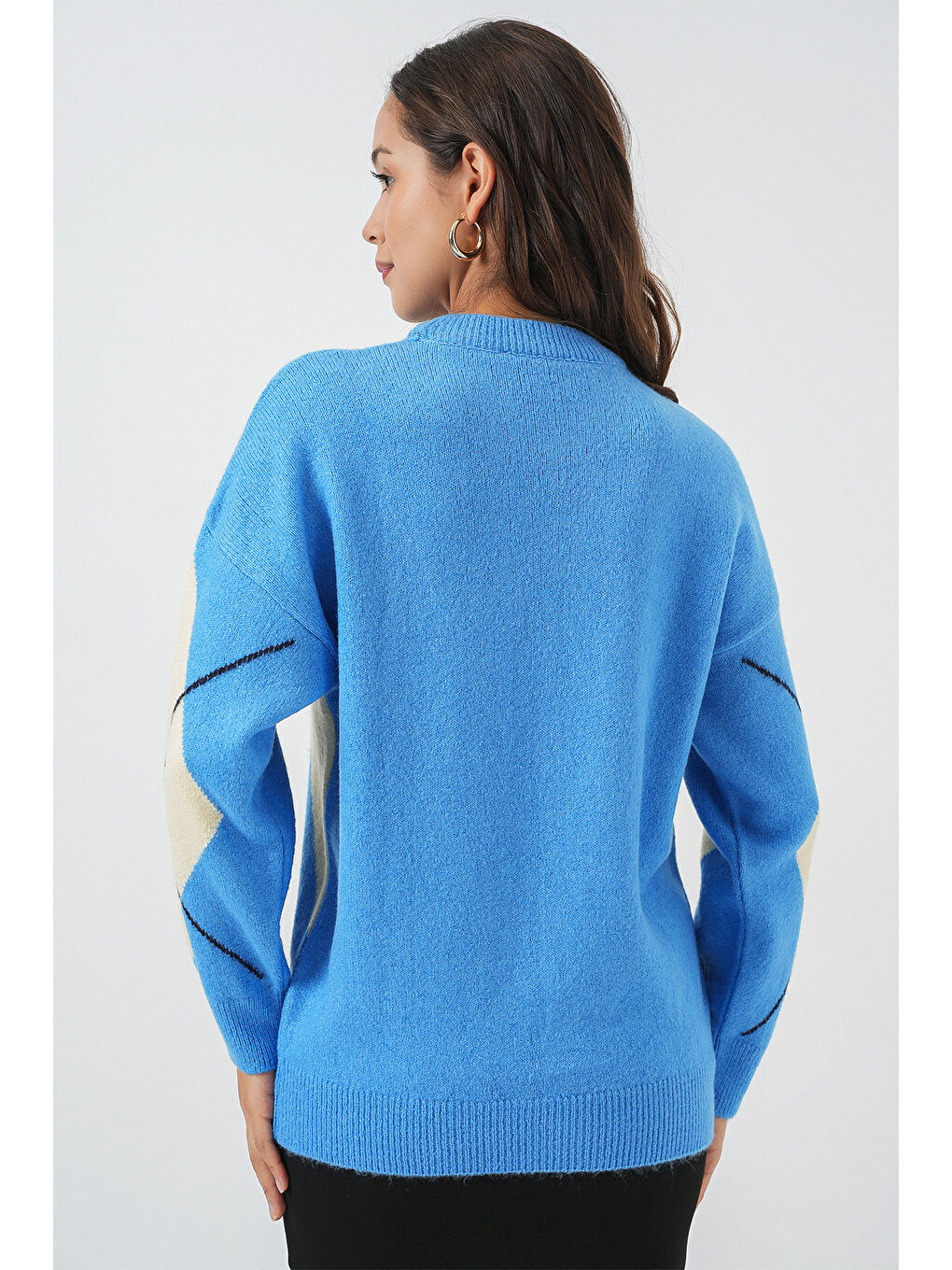 15895 Baklava Desenli Oversize Triko Kazak - Mavi-5