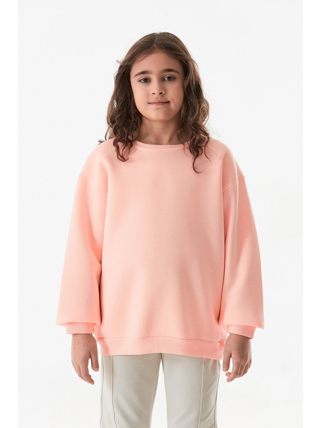Pembe 3 İplik Sırtı Baskılı Bisiklet Yaka Kız Çocuk Sweatshirt