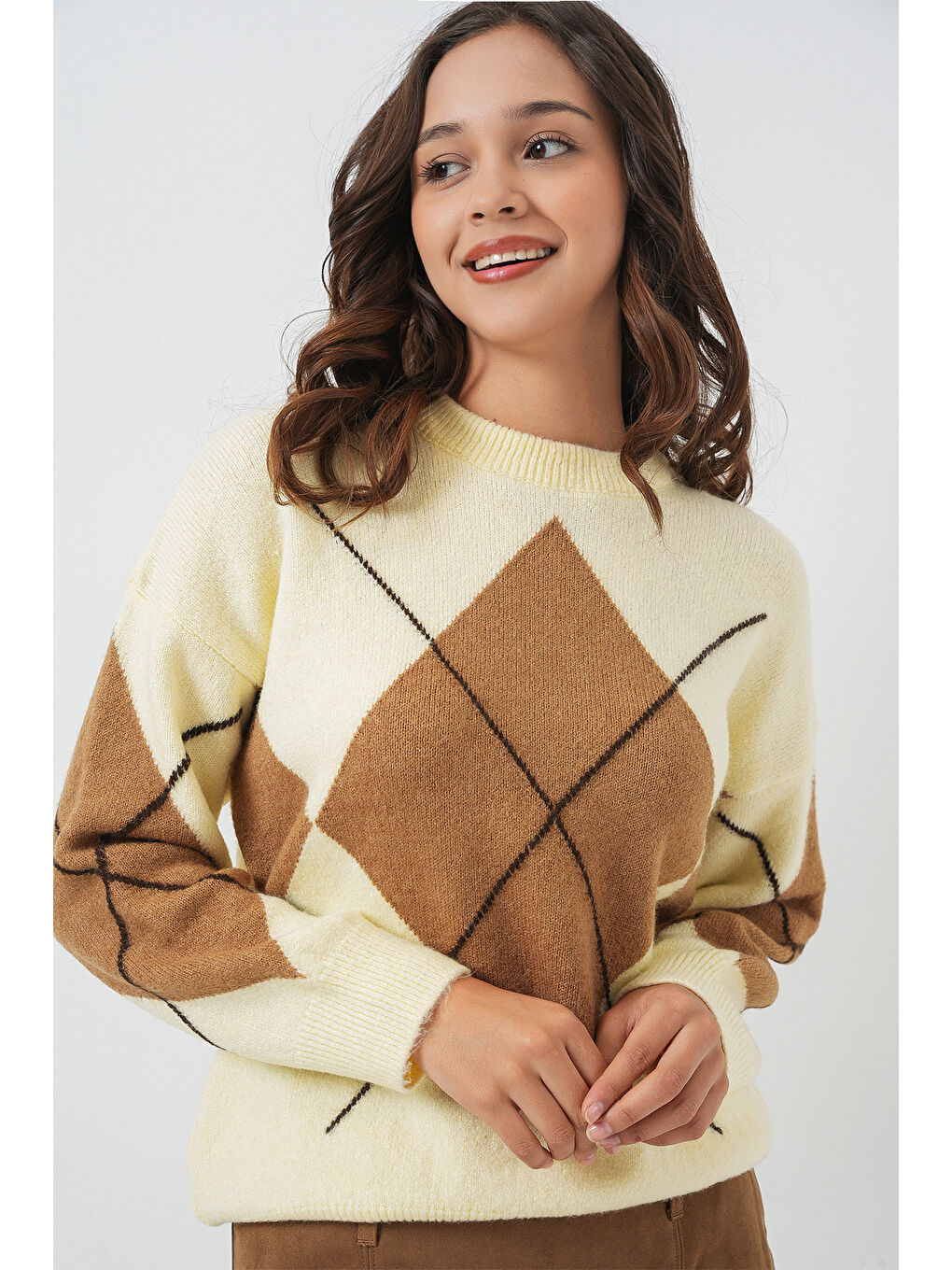 15895 Baklava Desenli Oversize Triko Kazak - Y.Sarı-4