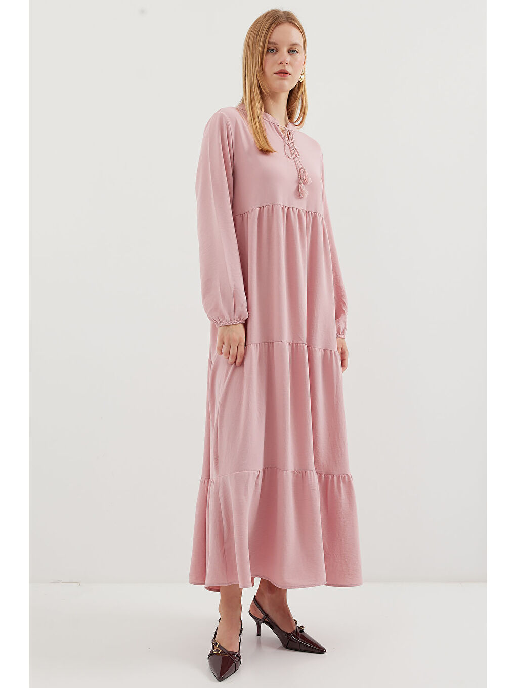 1627 Yaka Bağcıklı Tesettür Elbise - A. Pembe-2