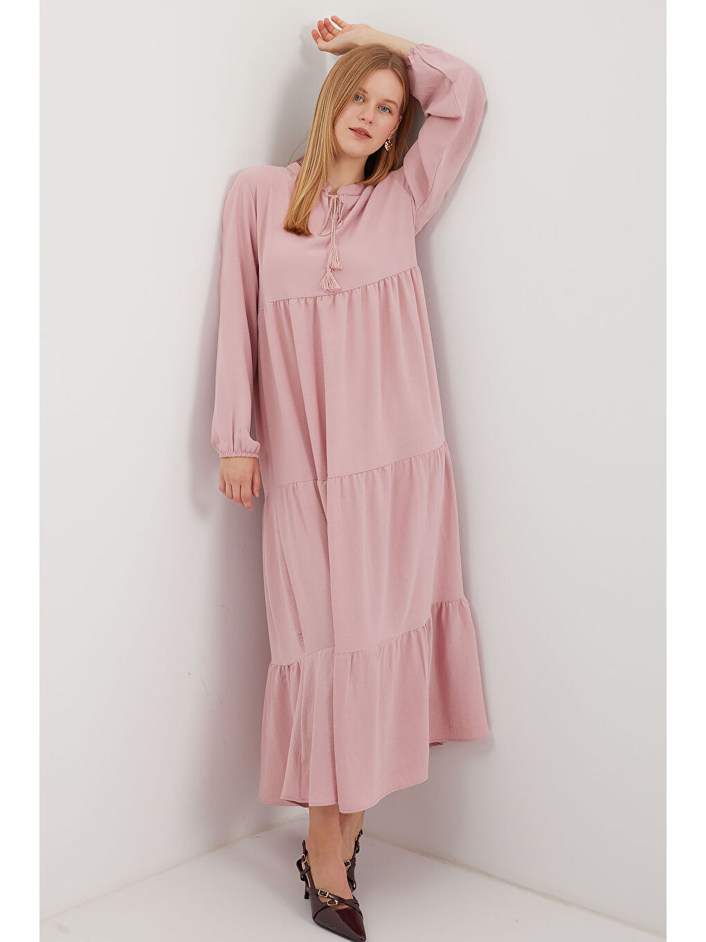 1627 Yaka Bağcıklı Tesettür Elbise - A. Pembe-3