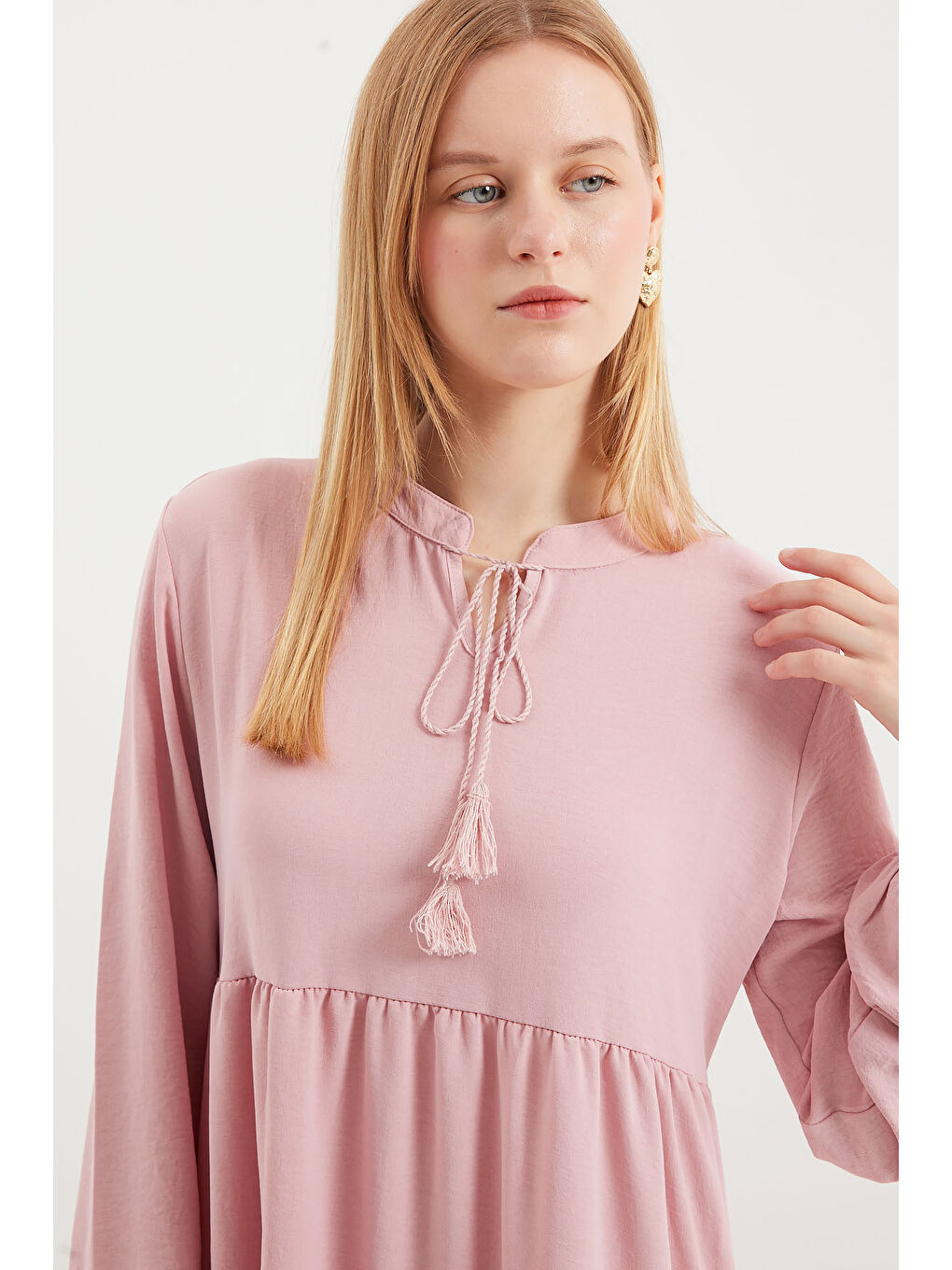 1627 Yaka Bağcıklı Tesettür Elbise - A. Pembe-4