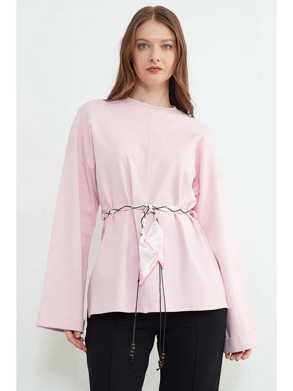 Pembe Fullamodest Kemerli Yırtmaçlı Geniş Kol Tunik-1