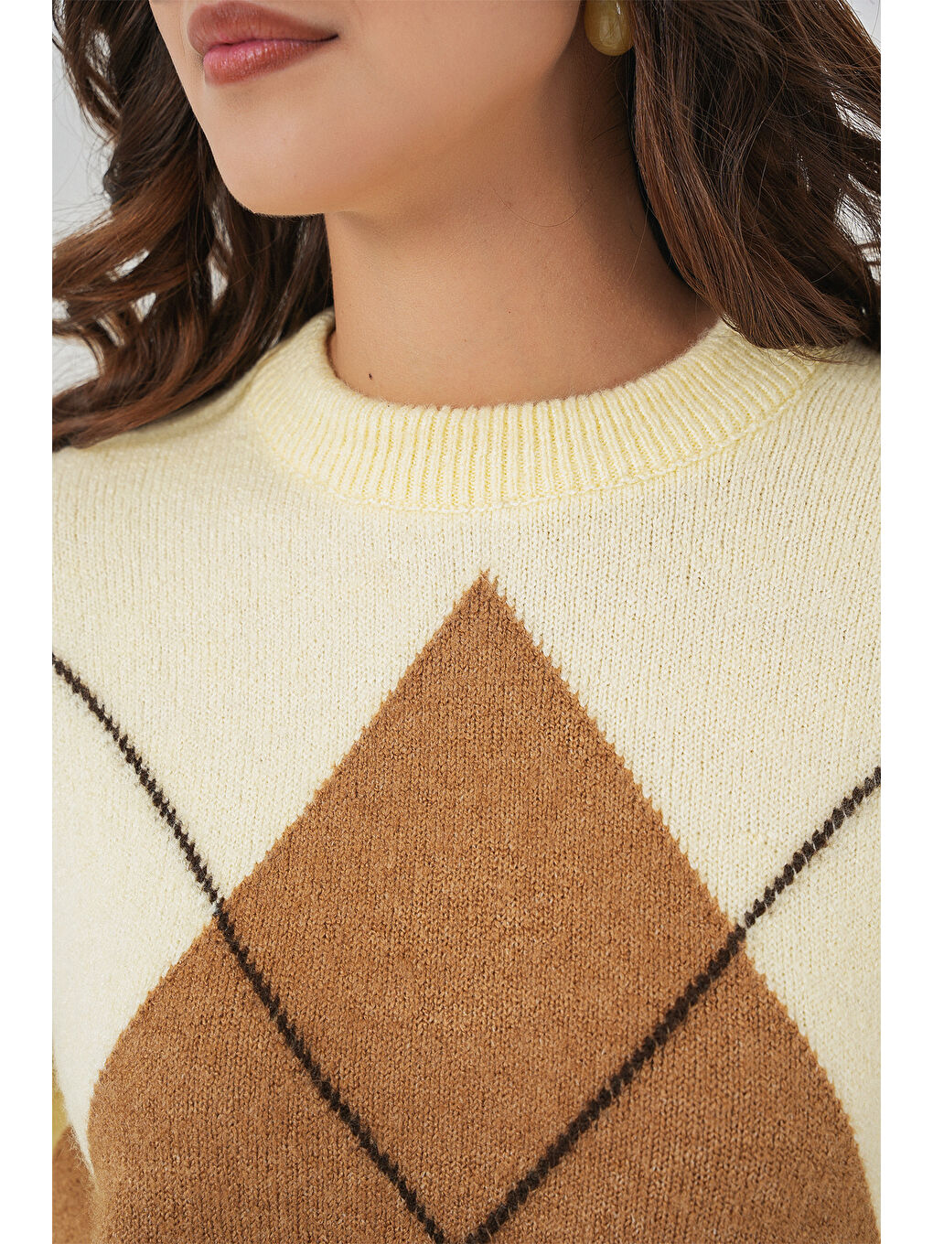 15895 Baklava Desenli Oversize Triko Kazak - Y.Sarı-5