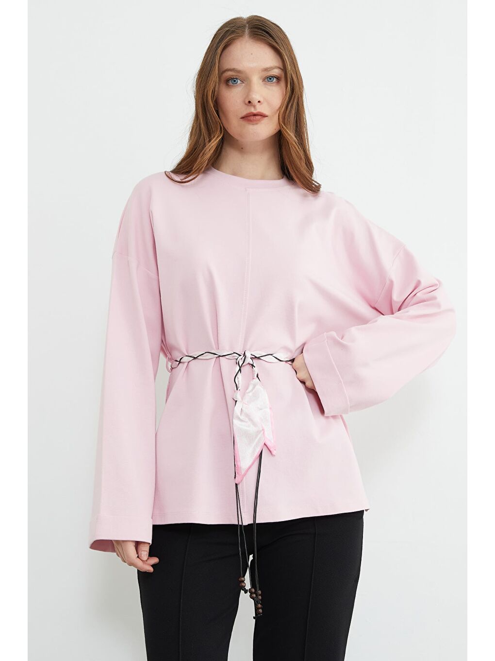 Pembe Fullamodest Kemerli Yırtmaçlı Geniş Kol Tunik-2