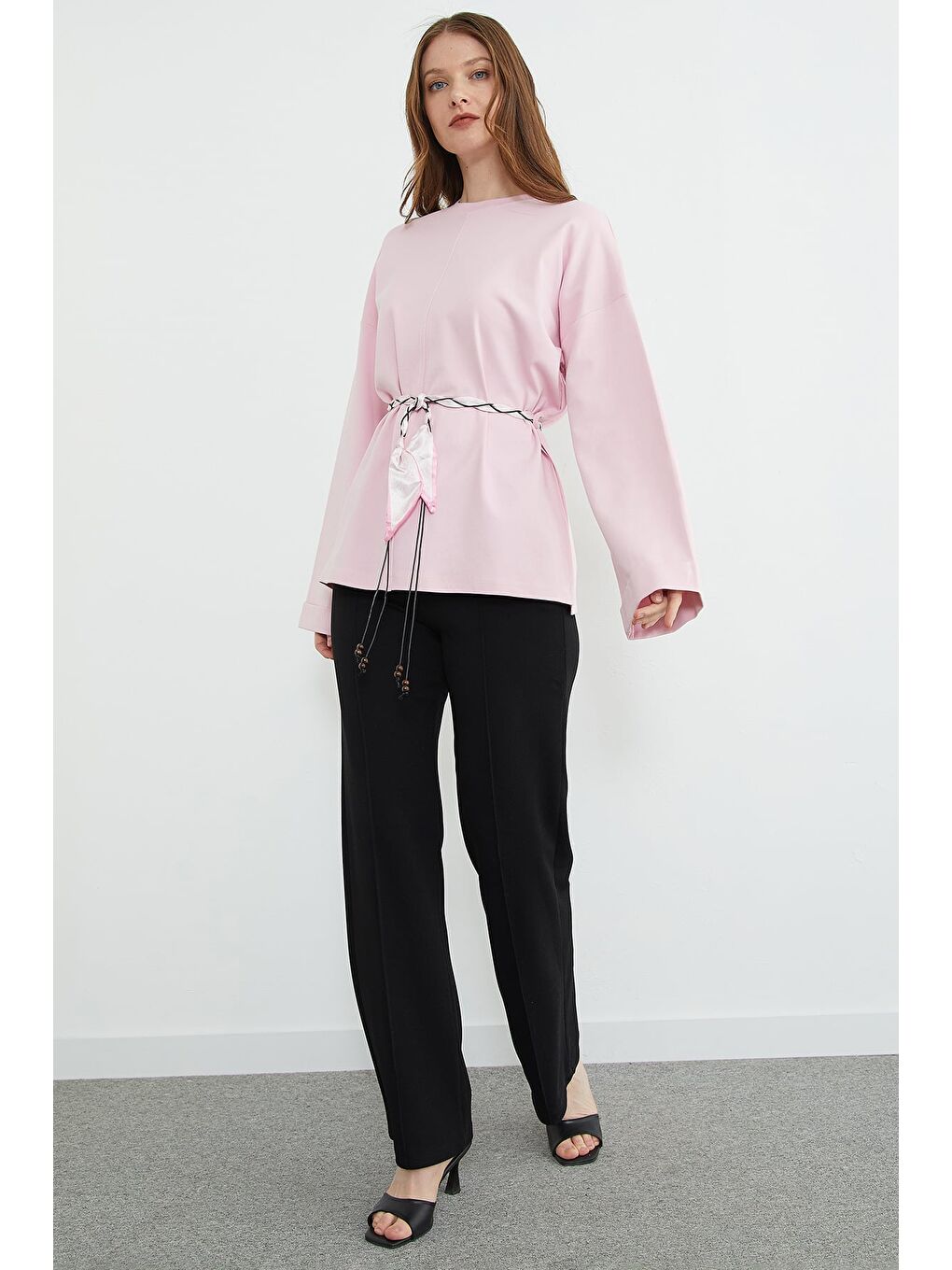 Pembe Fullamodest Kemerli Yırtmaçlı Geniş Kol Tunik-3