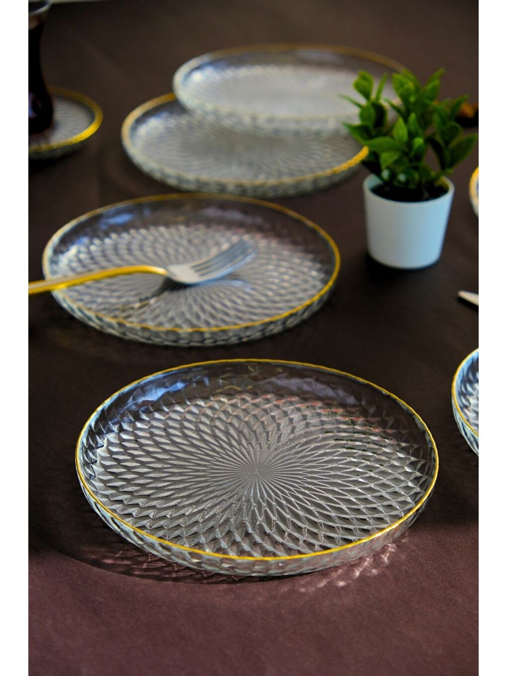 Renksiz Altın Yaldız Cam Pasta Tabağı 16cm 6 lı 2492-1
