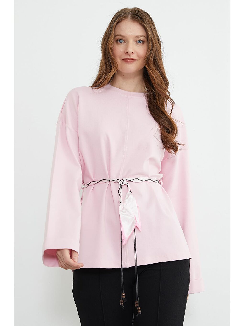 Pembe Fullamodest Kemerli Yırtmaçlı Geniş Kol Tunik-4