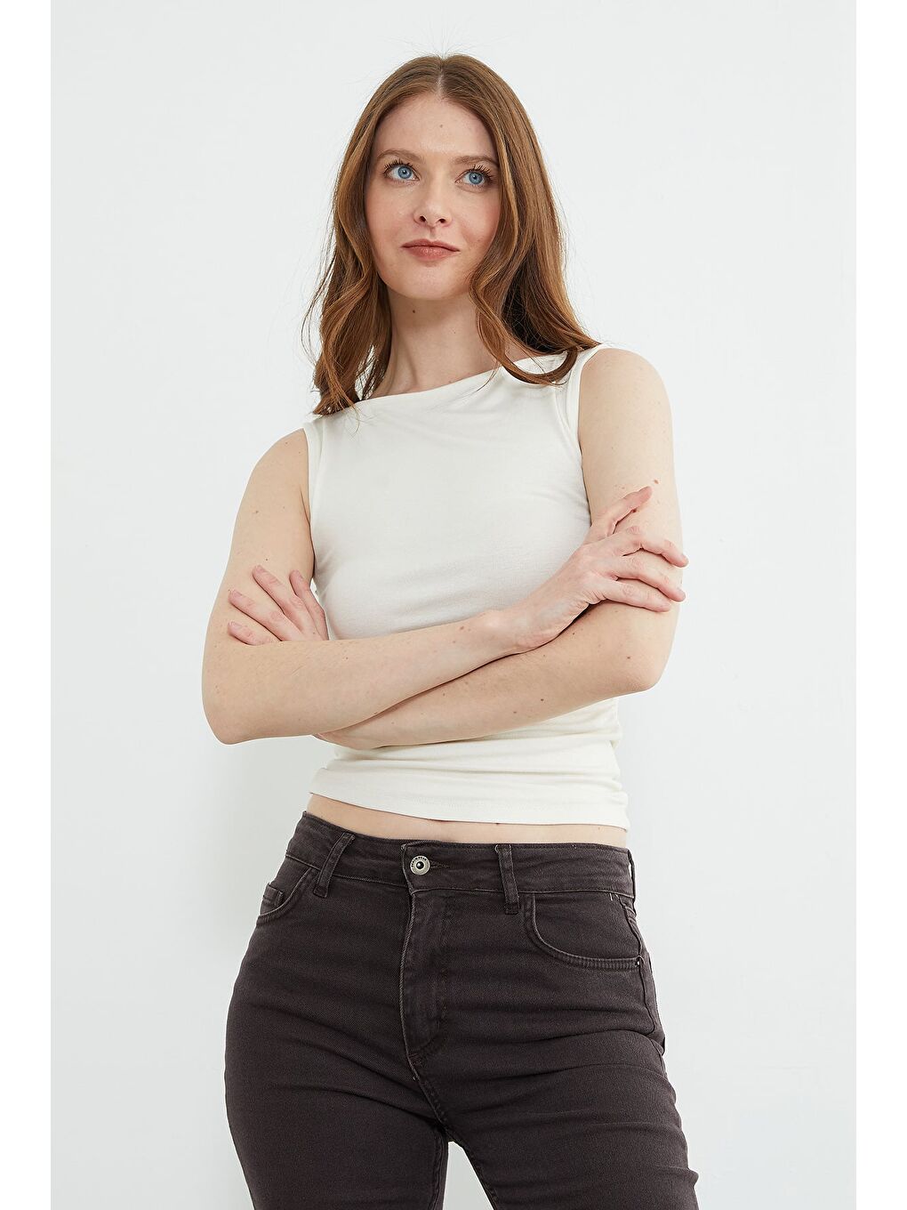 Ekru Yanları Drapeli Kayık Yaka Bluz-2