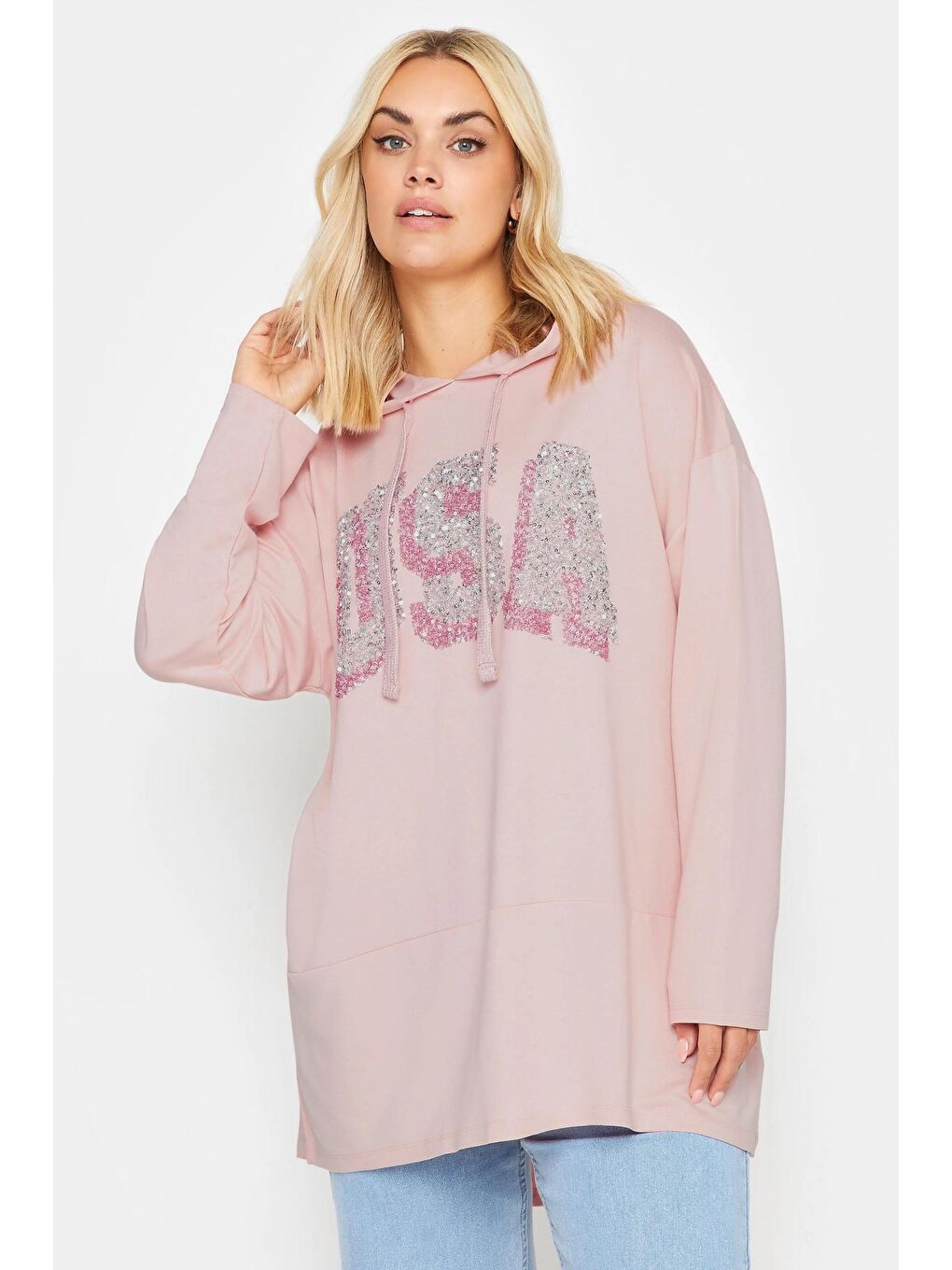 Stil Diva Pembe Büyük Beden Kapüşonlu Payet Detaylı Cepsiz Uzun Kollu Sweatshirt 303002