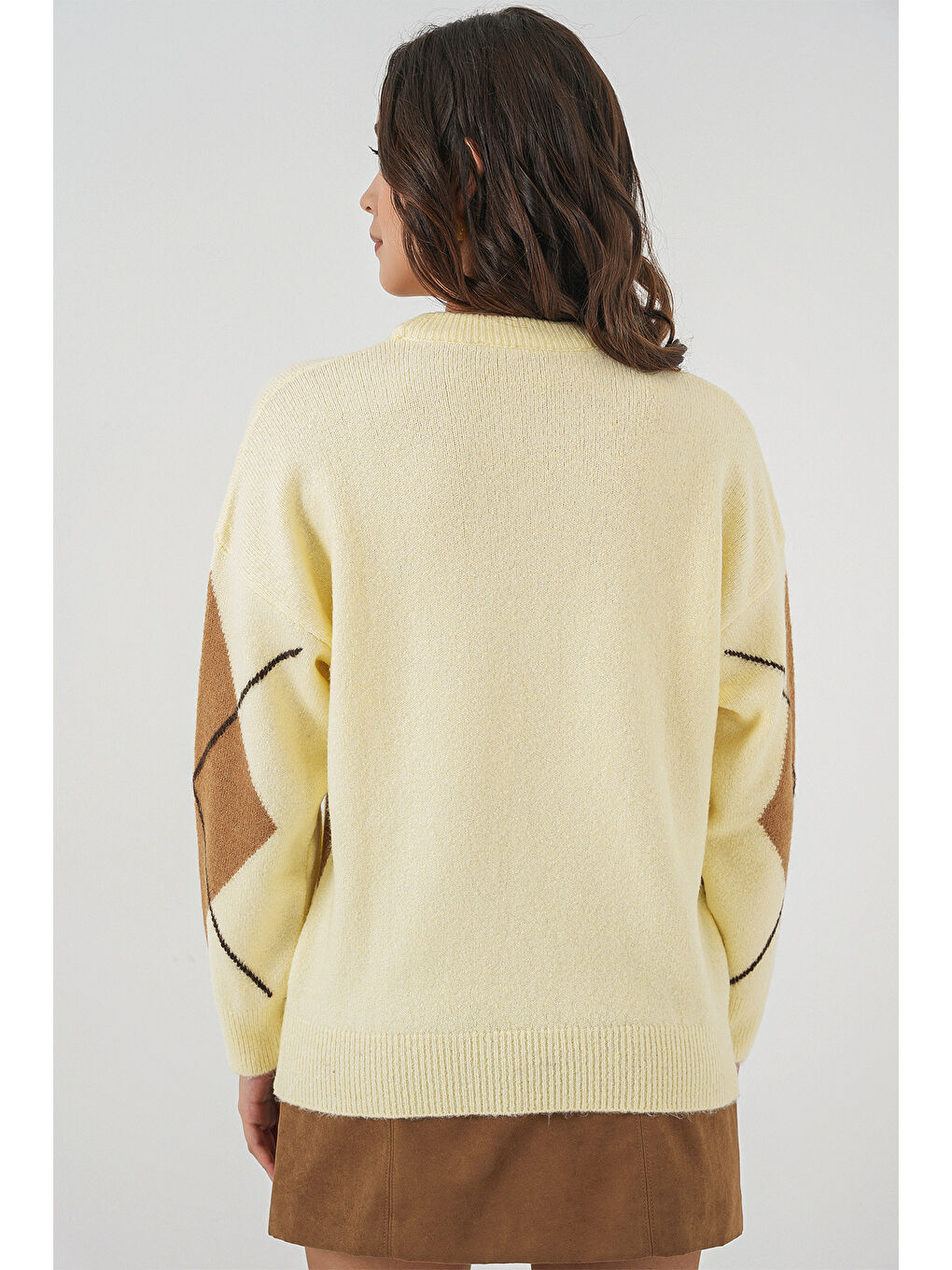 15895 Baklava Desenli Oversize Triko Kazak - Y.Sarı-6