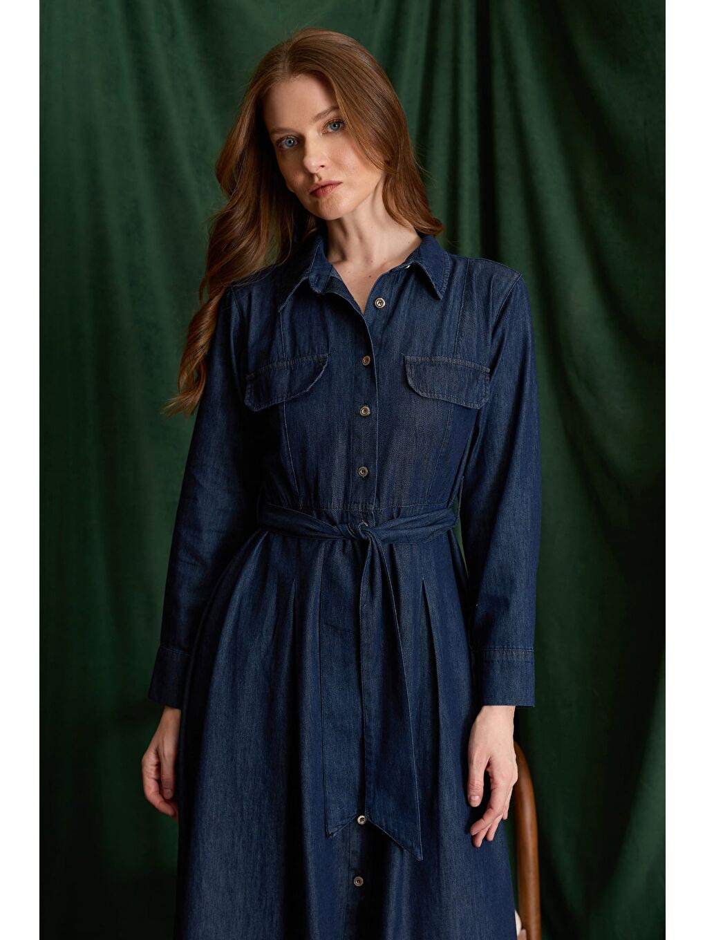 Lacivert Fullamodest Kuşaklı Düğmeli Maxi Boy Elbise-1