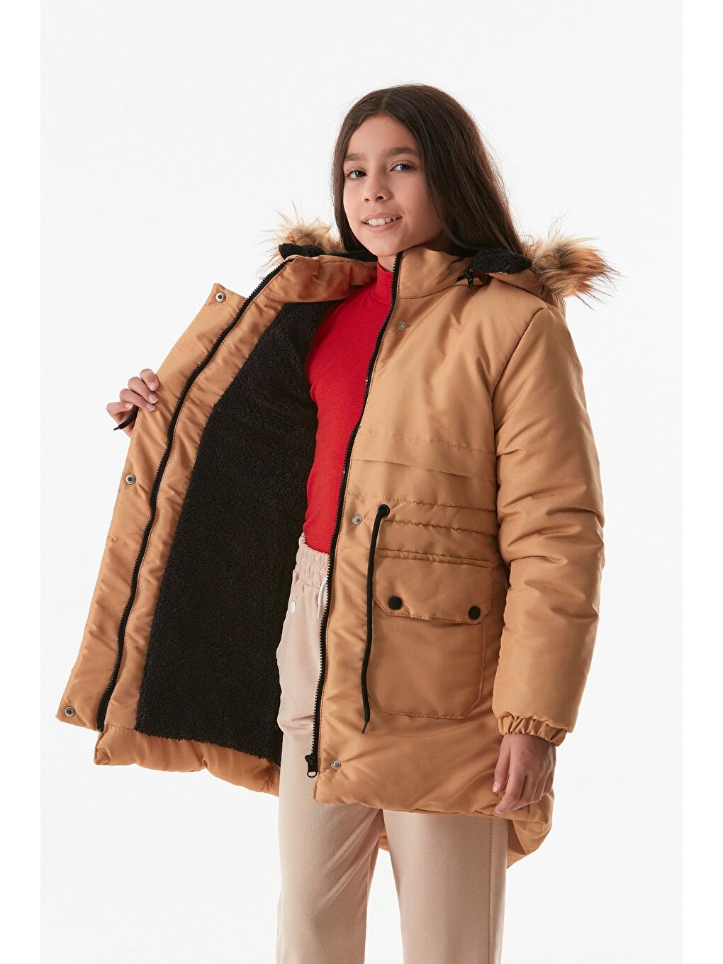 Sarı Çift Cepli Kapüşonlu Kız Çocuk Mont