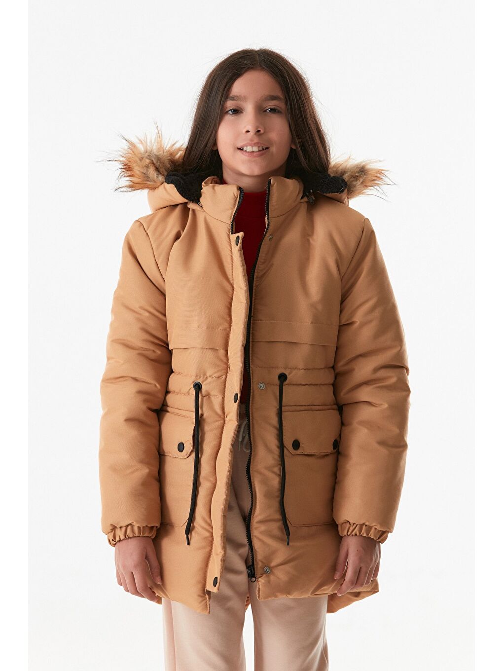 Sarı Çift Cepli Kapüşonlu Kız Çocuk Mont-1