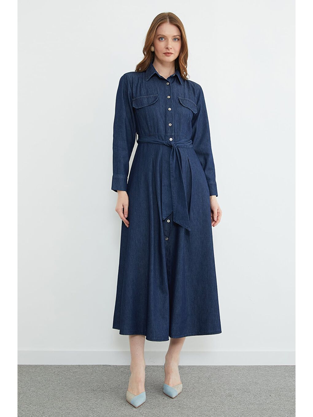 Lacivert Fullamodest Kuşaklı Düğmeli Maxi Boy Elbise-3