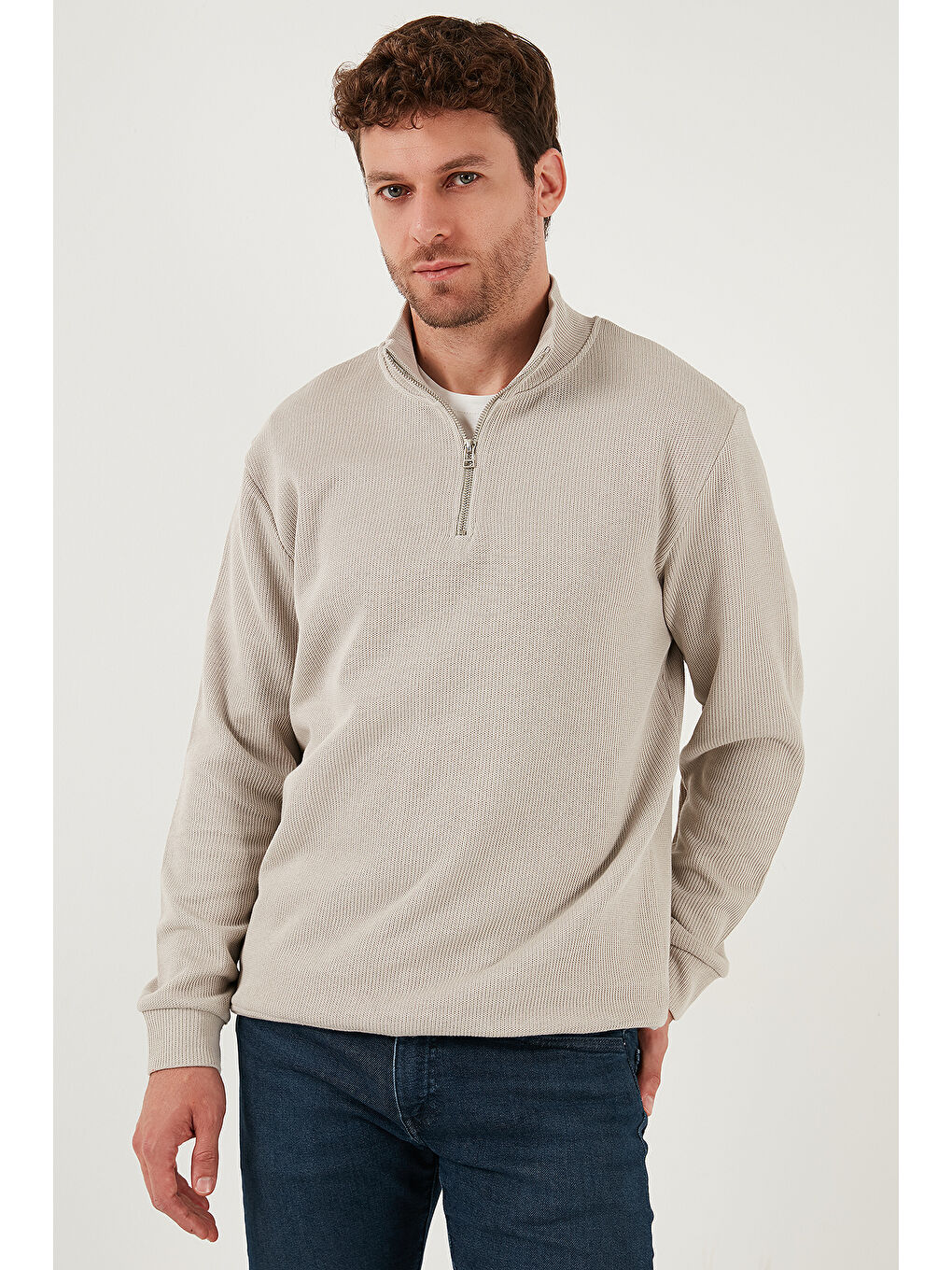 Bej Pamuklu Relaxed Fit Yarım Fermuarlı Sıfır Yaka Örme Sweat 5901076-2