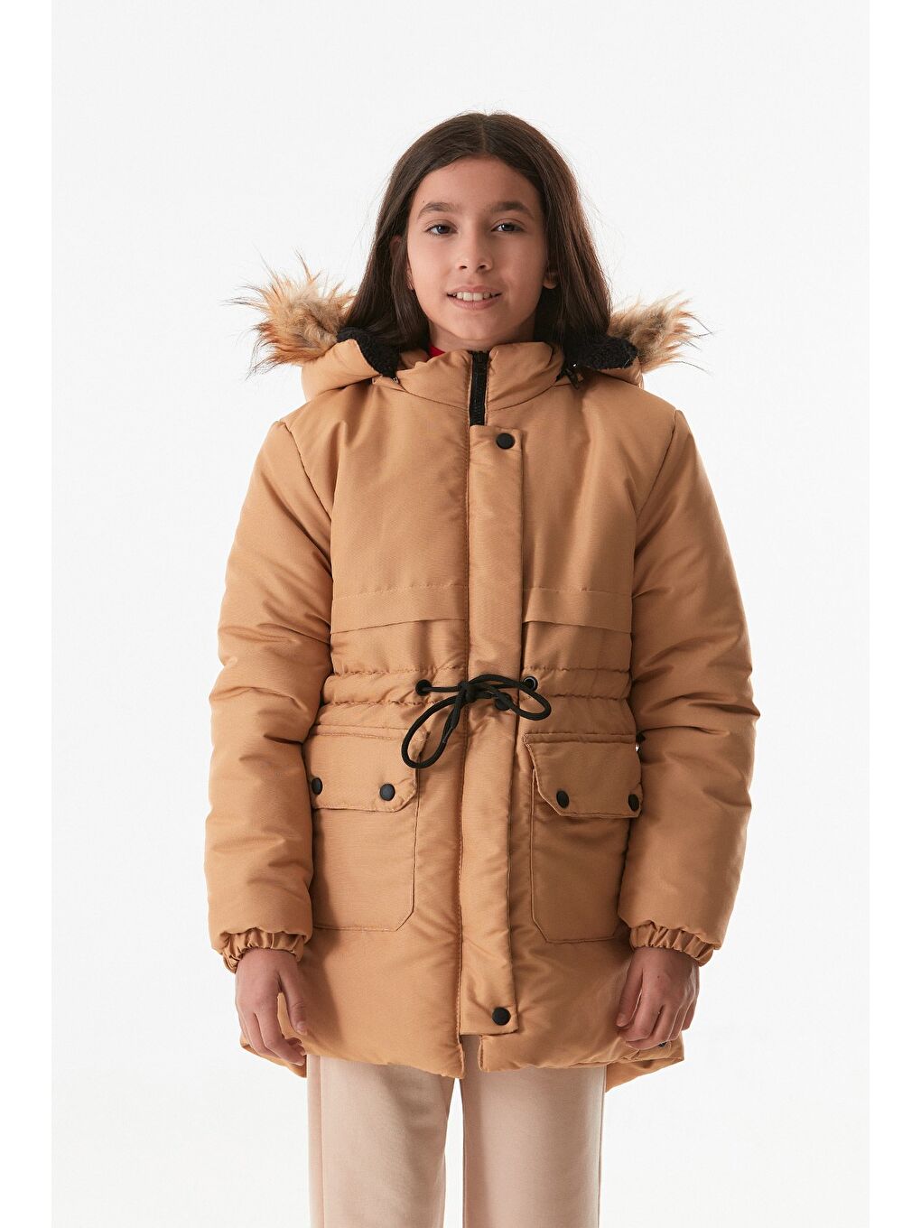 Sarı Çift Cepli Kapüşonlu Kız Çocuk Mont-3