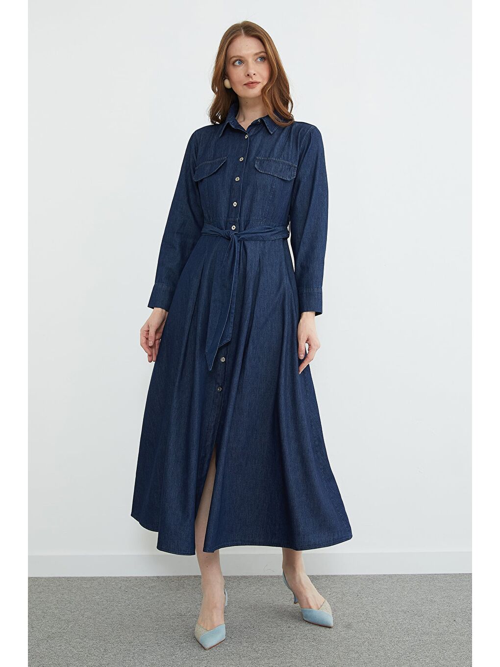 Lacivert Fullamodest Kuşaklı Düğmeli Maxi Boy Elbise-4