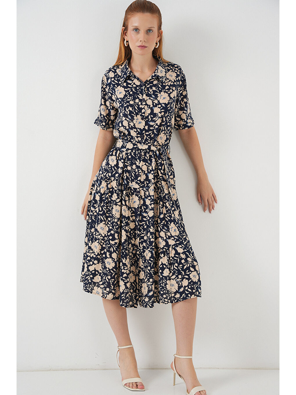 Kadın Kısa Kol Desenli Elbise 2560 - Lacivert-1