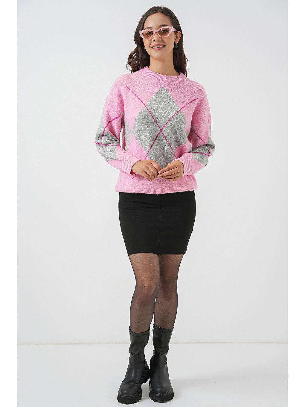 15895 Baklava Desenli Oversize Triko Kazak - Y.Pembe-1